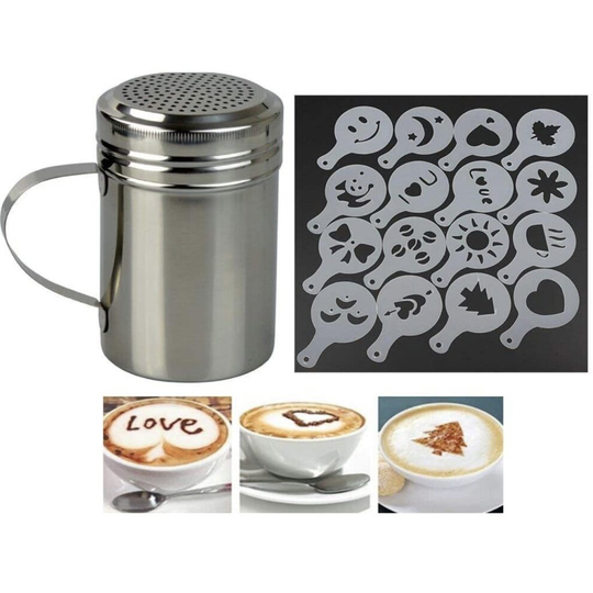 ADEPTNA Chocolate Shaker with Handle and 16 Coffee Barista Stencils