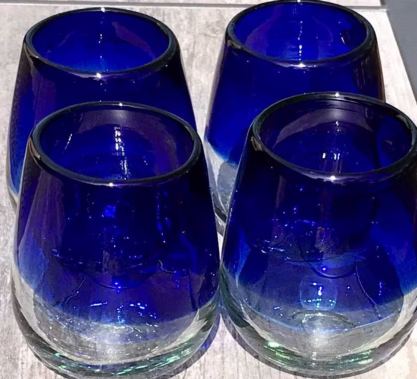 Cobalt Blue Stemless Wine Glasses Artisan Hand Blown Recycled Glass | Set Of 4 Or 6 Cabo Beach Juice/Cocktail/Margarita Unique Design