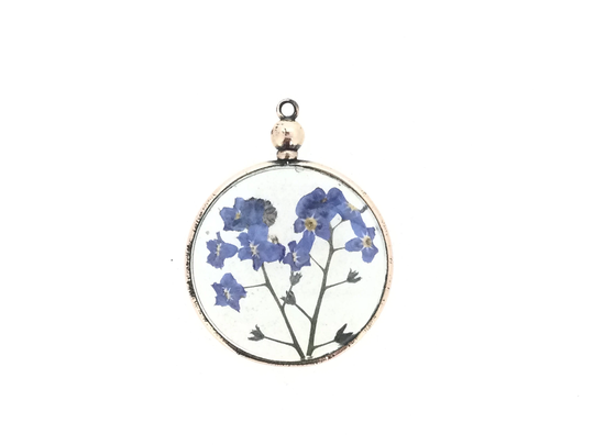 Antique Edwardian Shaker Locket Pendant Pressed Forget Me Not Flowers
