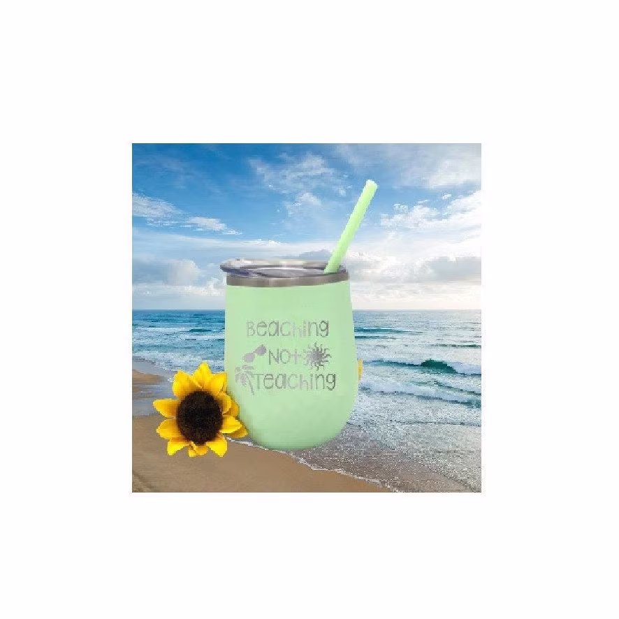 Beaching Not Teaching, Teacher Gift, Personalized Wine Tumbler, Appreciation Dishwasher Safe, Thank You Add A Logo