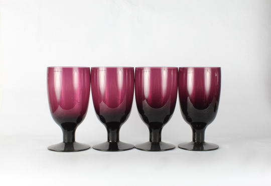 Vintage Maroon Wine Glassware, Heavy Hand Blown, Burgundy, Set Of 4
