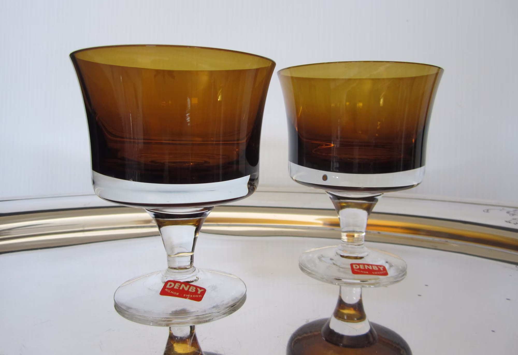2-Pc Mirage Brown Champagne/Tall Sherbet By Denby Vintage 1973 Scandinavian Modern Blown Coupe Bowl & Clear Stem Original Label Sweden