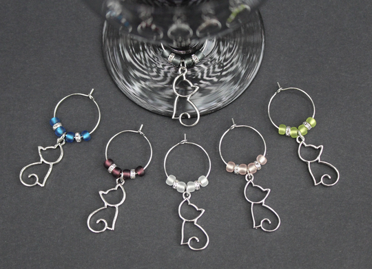 Cat Wine Charms-Silhouette Style-Set Of 6-Silcat015-6