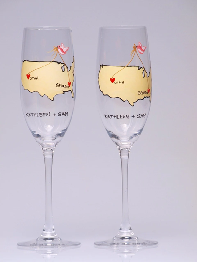 United States Wedding Toasting Flutes Set Of 2 Personalized Champagne Glasses Love From Different Places