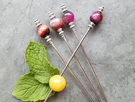 Martini Picks, Cocktail Appetizer Dessert Skewers, Home Bartender, Mixology, Pink Sky Tigers Eye, Food Grade Stainless Steel