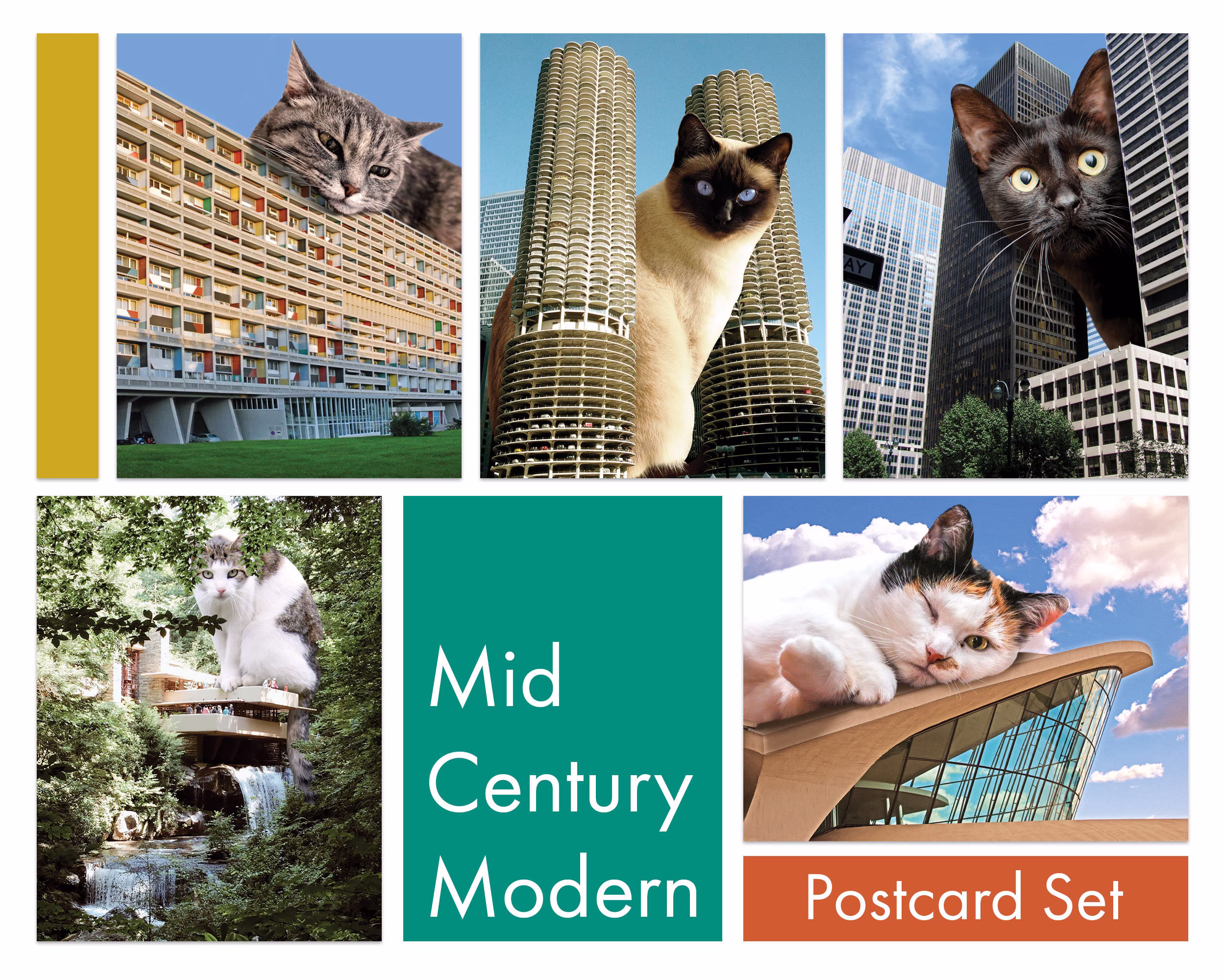 Midcentury Modern Art Set Of 10 Postcards, Cat Postcard Art, Architecture Gifts, Black Cat, Lovers Gift