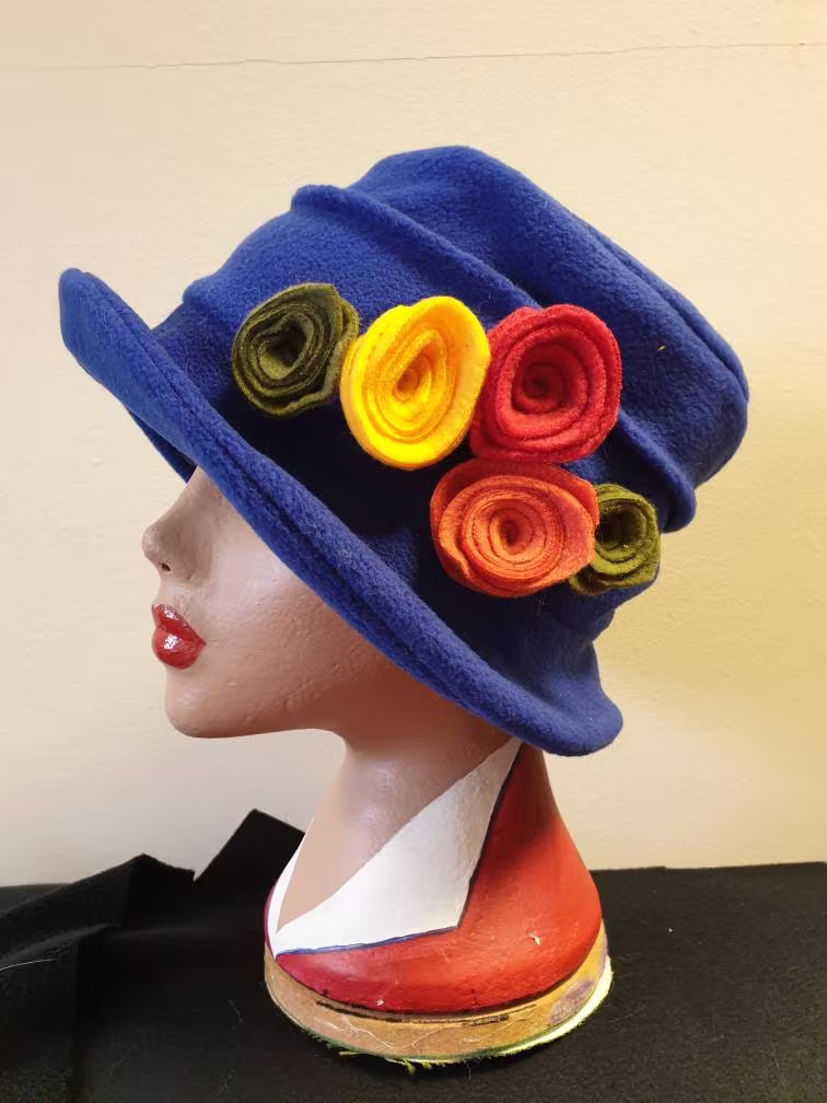 Royal Blue Fleece Hat Lined With Polar Fleece-Downton Abbey Hat-Womens Winter Hat-1930's-Vintage