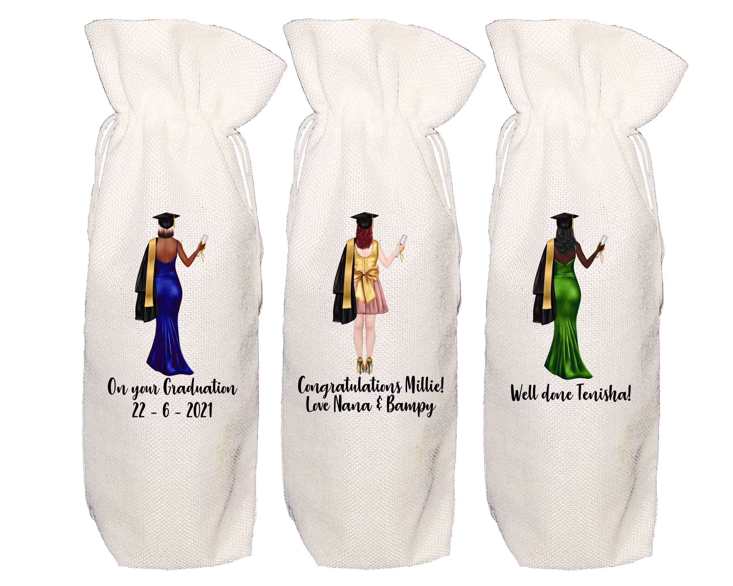 Personalised Graduation Wine Bottle Bag - College University Gown Cap Congratulations Gin Prosecco Champagne