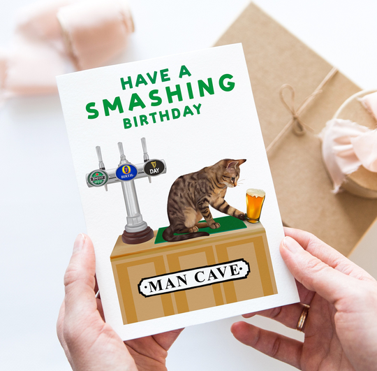 Personalised Tabby Cat Birthday Card, Card For Him, Pub, Man Cave, Funny Dad, Grandpa, Beer Glass