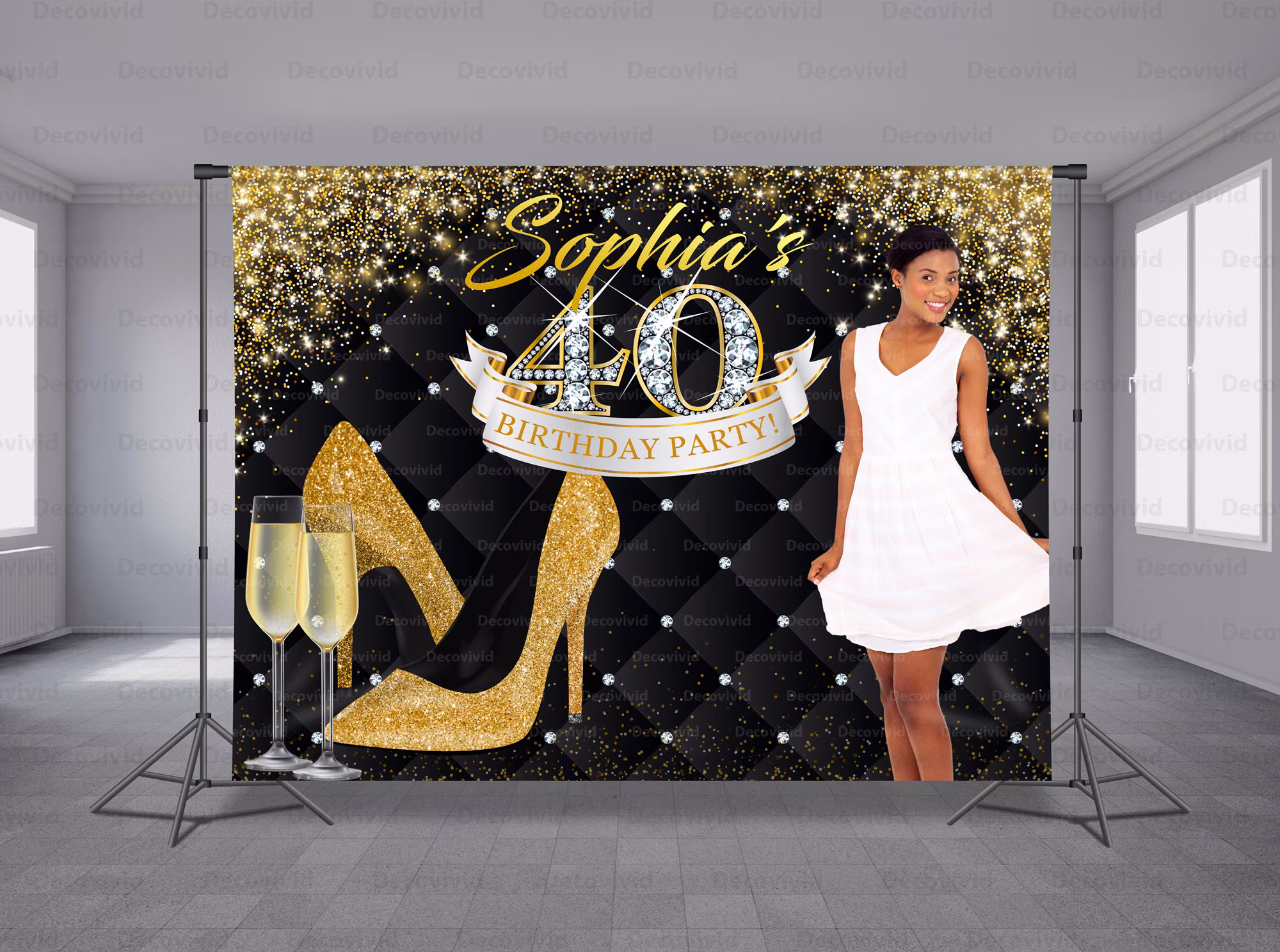 40Th Birthday Backdrop, Step & Repeat, Champagne Glass, Gold Bling Diamond Number, Any Occasion, Photo Booth, Add Photo, Size Banner