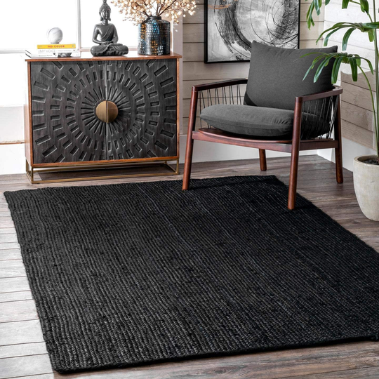 Hand Braided Bohemian Black Color Pure Jute Runner Area Rug Home Decor Rugs Beautiful Floor Carpet Size 5 Feet X 10