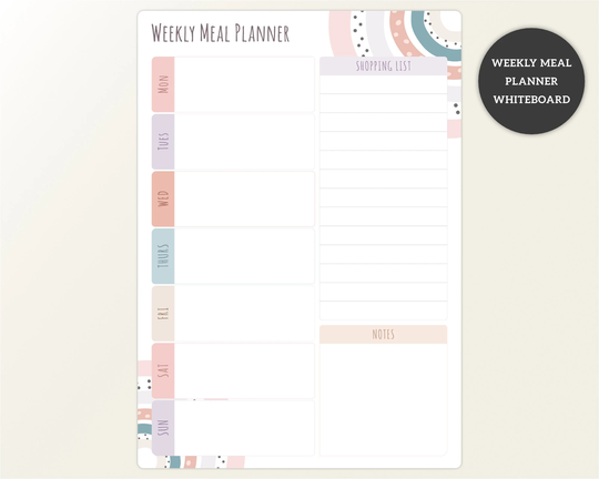 A3 Weekly Meal Planner Whiteboard, Shopping List White Board, Rainbow Write & Wipe Clean Prep Dry Erase