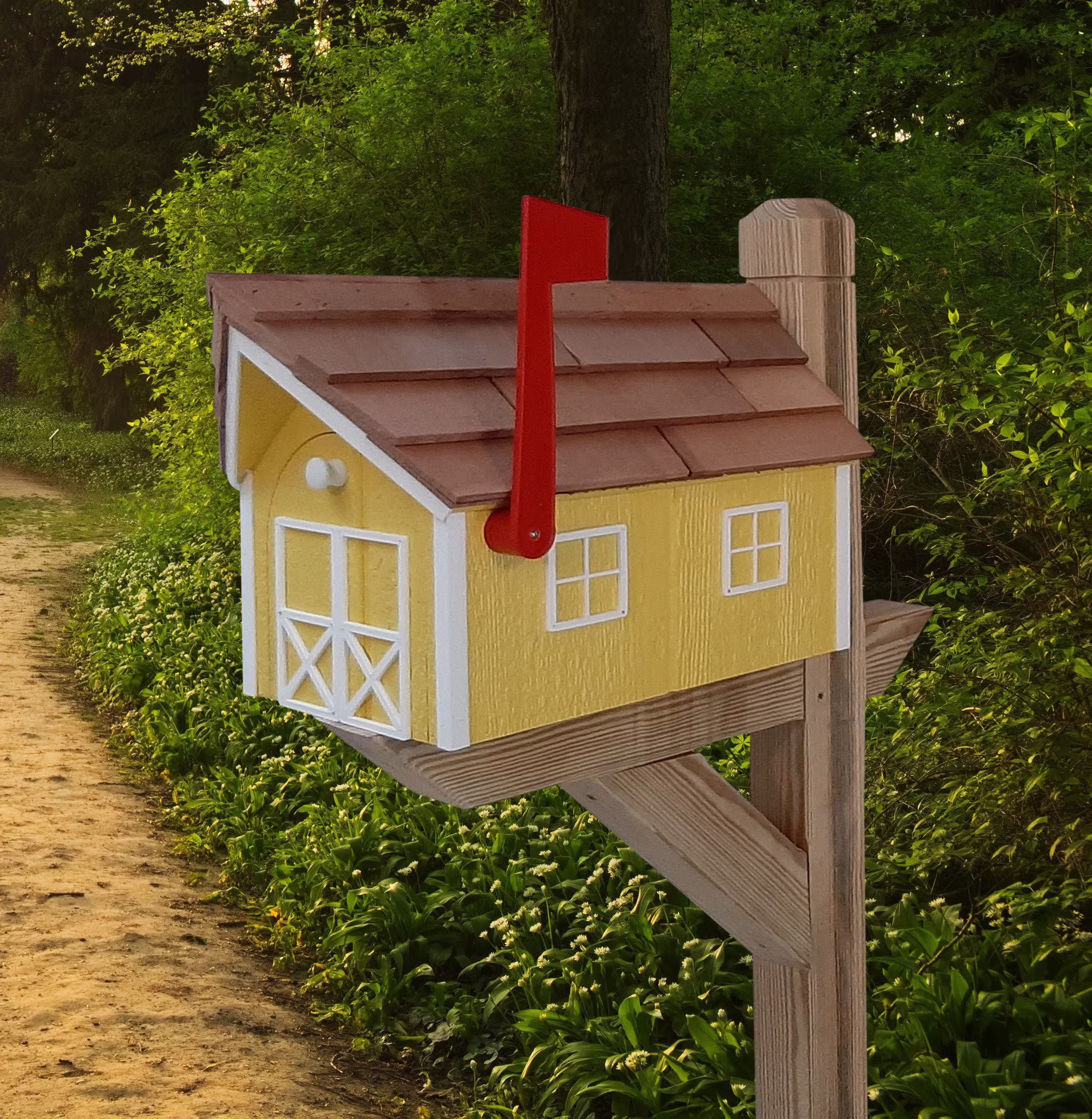 Amish Mailbox Yellow - Handmade Wooden Barn Style With A Tall Prominent Sturdy Flag Cedar Shake Shingles Roof