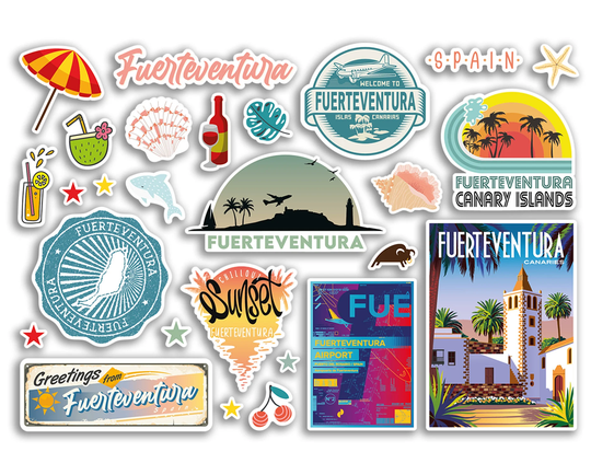 A5 Sticker Sheet Fuerteventura Landmarks Vinyl Stickers - Spain Beach Airport Stamps Skyline Flag Travel Holiday City Trip Luggage #79103