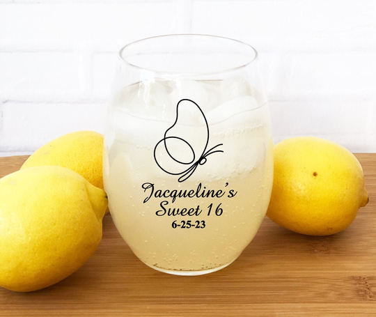 Printed 24 Pieces Of Butterfly Personalized Stemless Wine Glass Favors - Sweet 16 Party {Item#858C-K}