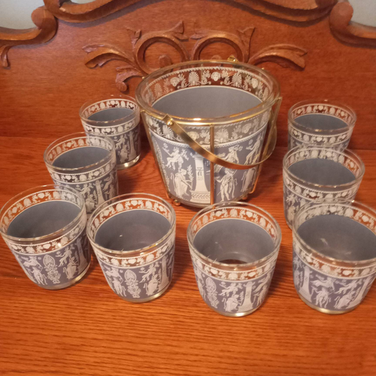 Mod Century Blue Greek Goddess Cocktail Glasses & Ice Bucket Set Of 8