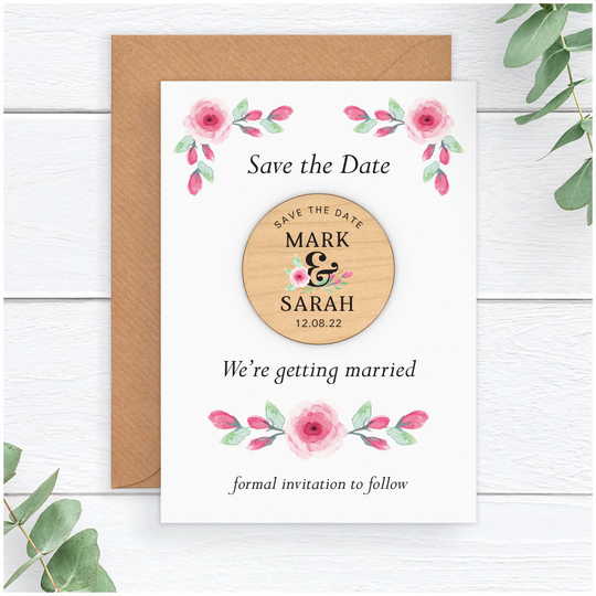 Vintage Floral Save The Date Fridge Magnet - Personalised Boho Wedding Rustic Wood Pink Flower