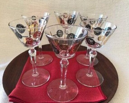 Mid Century Modern Cocktail Glasses in Black & Gold, Libbey Old Coins Pattern, 1960S