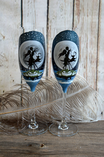 Hand Painted Wedding Toasting Flutes Set Of 2 Personalized Champagne Glasses Jack & Sally Silver Moon