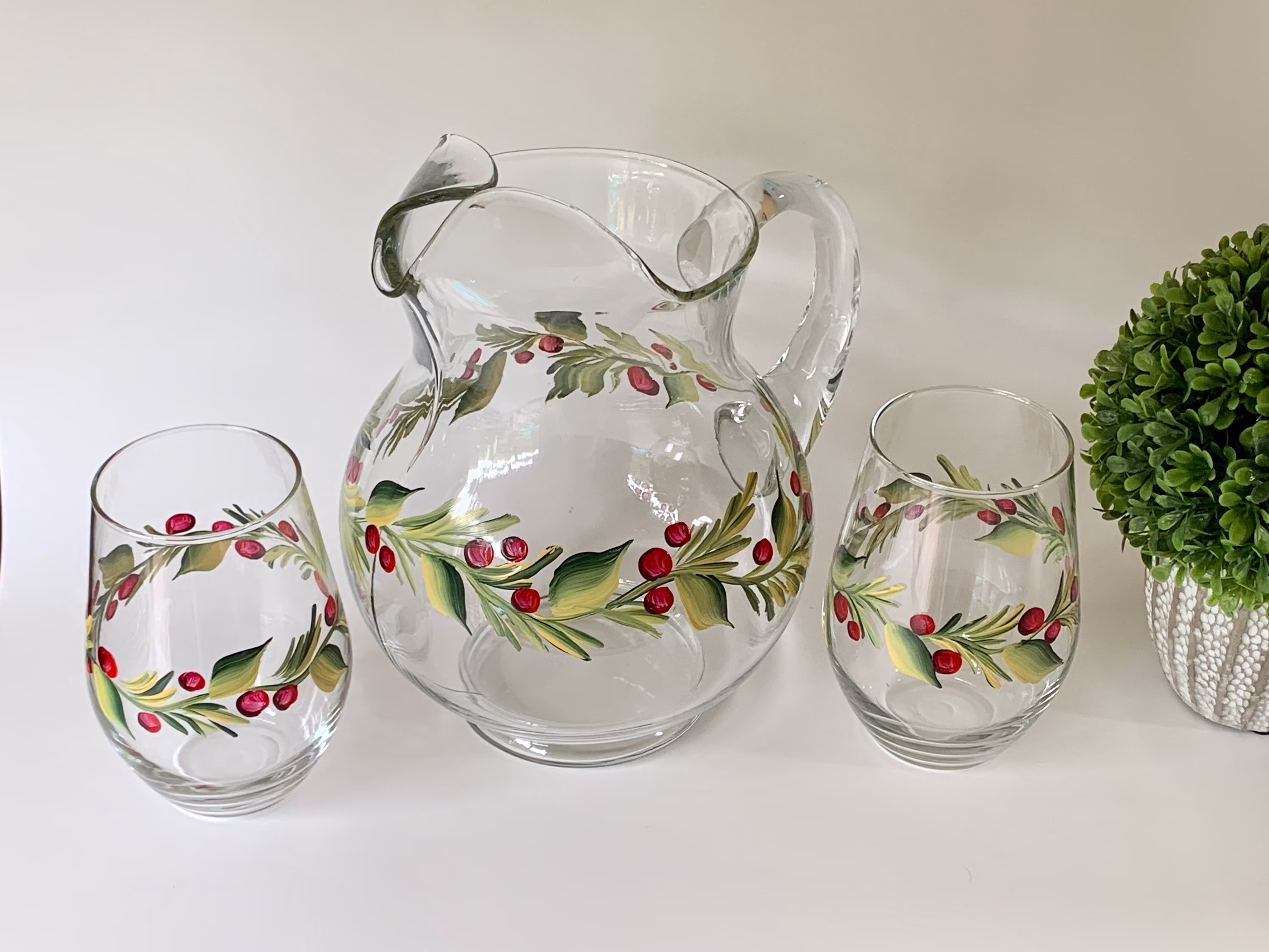 Hand Painted Glass Pitcher Set With Christmas Berries, Holiday Pitcher, Winter Berry Stemless Wine Glasses