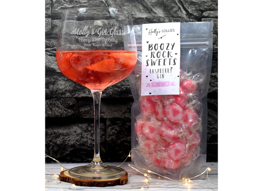Engraved/Personalised Balloon Gin Cocktail Glass + Boozy Raspberry Rock Sweets - Design