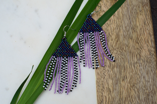 Chandelier, Fringe, Seed Bead Earrings in Dark Metallic Rainbow, Lilac, Black & White