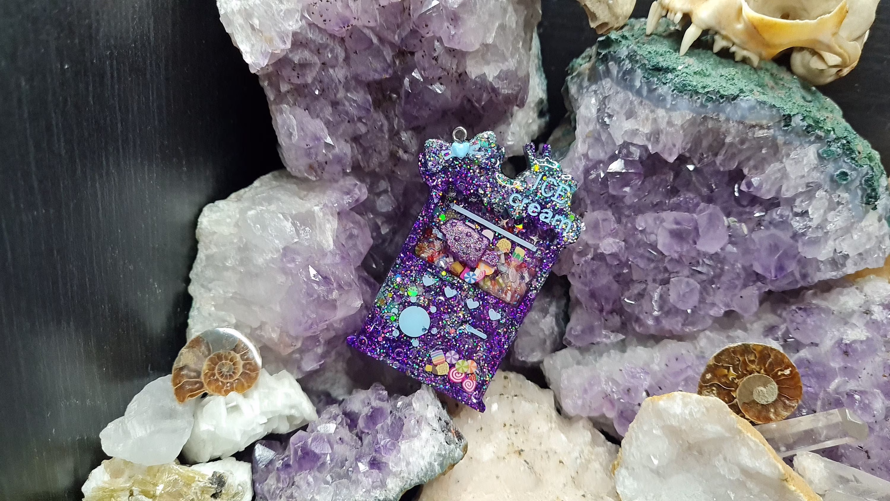 Glitter Purple Ice Cream Vendor Shaker Snowglobe Keyring, Necklace, Pendant