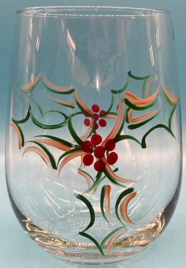 Hand Painted Stemless Wine Glass - Christmas Holly 16 Oz