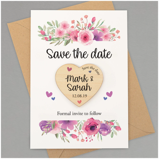 Save The Date Magnet Card - Personalised Heart Cards Wooden & Envelopes Floral Invite
