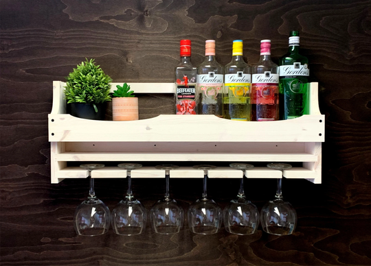 Large Shabby Chic Rustic Wooden Gin Rack To Hold 6 Balloon Glasses & 8-9 Bottles - Wall Mounted Display Home Bar She | 6Gsc | Em