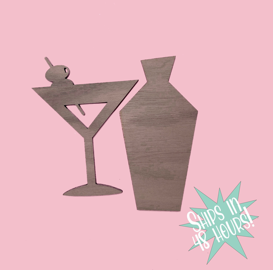 Two Mid Century Modern Martini Glass & Shaker Shape, Pair Of Walnut Wooden Cutouts, Diy Craft Supplies, Blank Shapes, Many Sizes