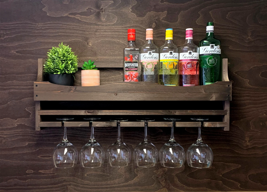 Large Dark Oak Rustic Wooden Gin Rack To Hold 6 Balloon Glasses & 8-9 Bottles Wall Mounted Display Bar She | 6Gdo | Em