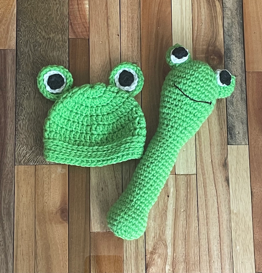 Frog Baby Beanie/ 3-6 Months Crochet Beanie Hat & Rattle/