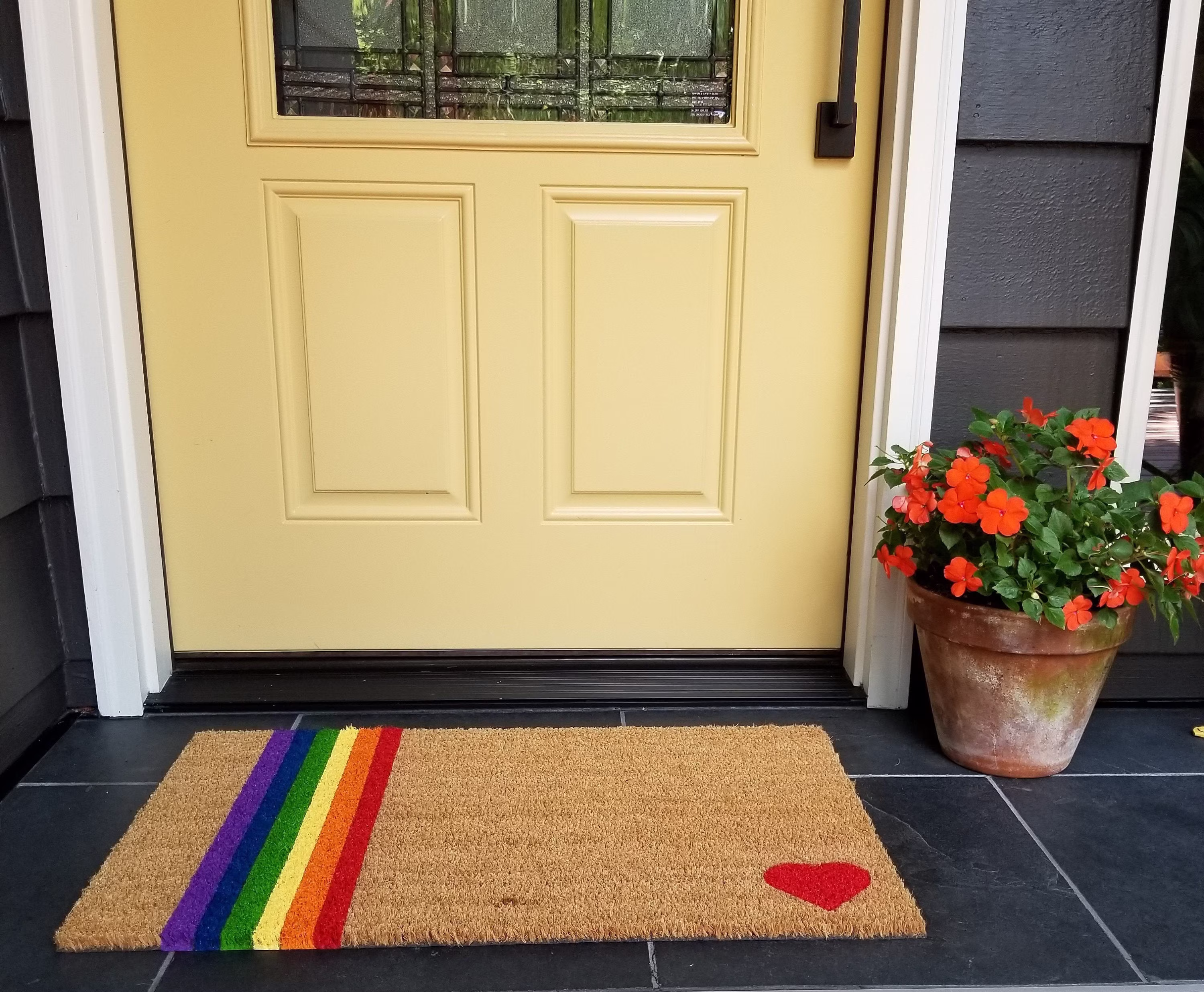 Rainbow Striped Mat With Heart, Pride Welcome Mat, & Heart Outdoor Entry Love Is Decor