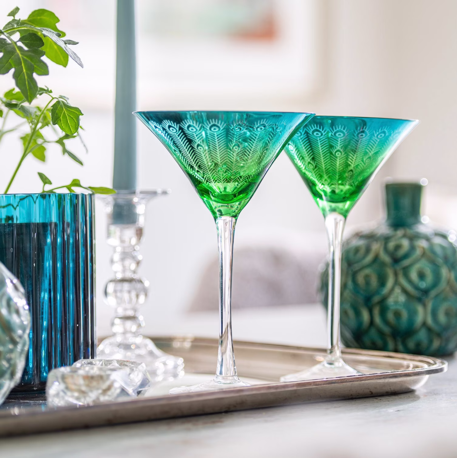 Electroplated Peacock Design Martini Glasses - Set Of Two Glasses -Celebration Glasses -Cocktail Glasses-Coupe Glasses - Wedding