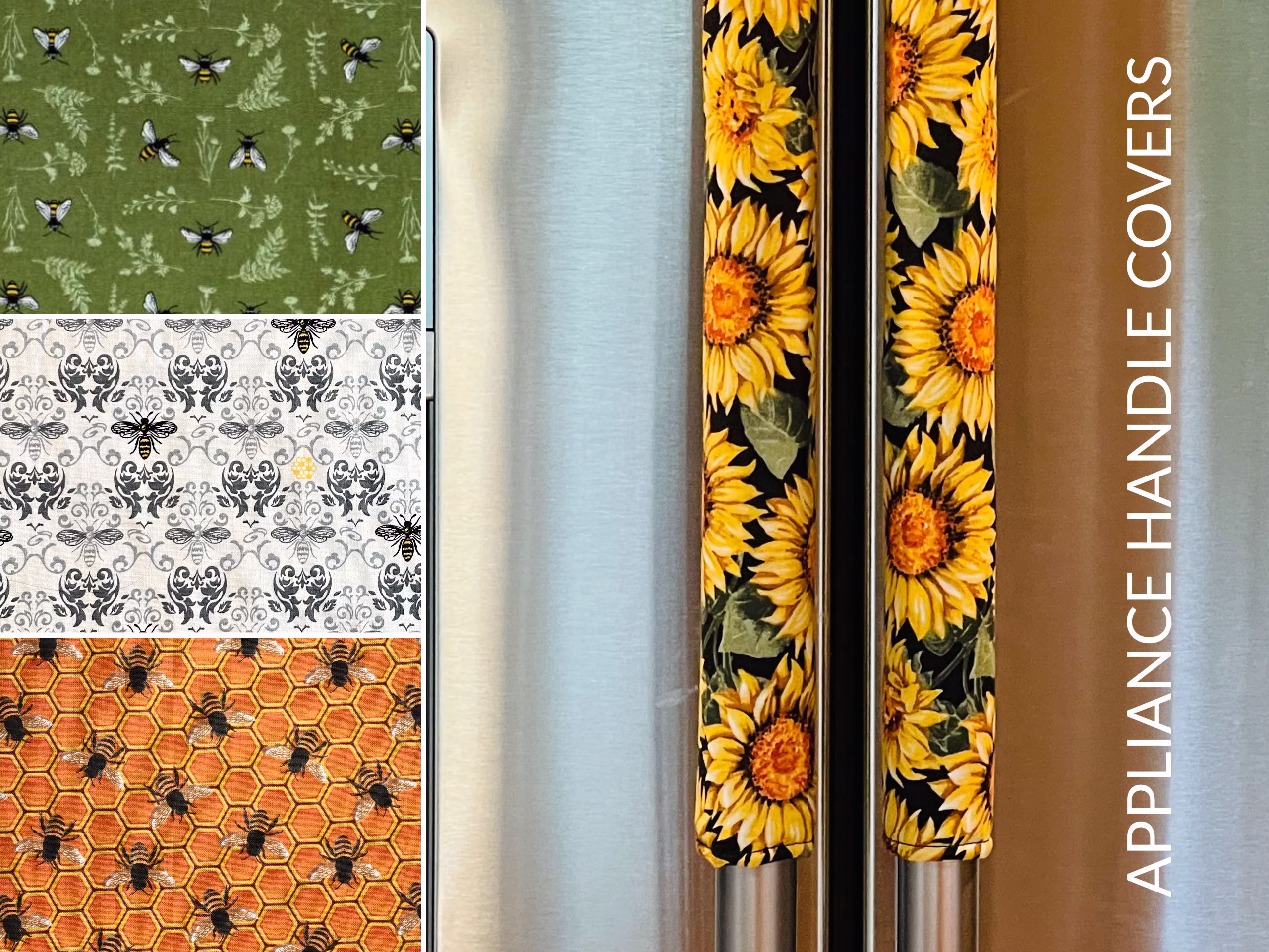16 Inches Long. Foam Padded Fridge Appliance Door Handle Cover. Oven Kitchen Decor. Potholder. Washable. Gift. Bees Honeycomb