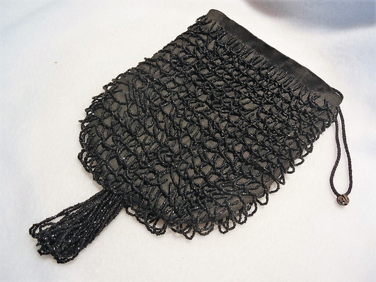 Vintage Black Silk Twill Beaded Purse, Hand Black, C. 1900