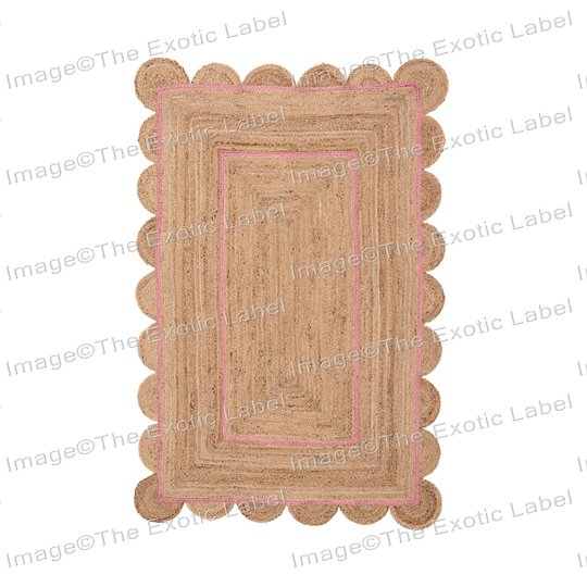 Scalloped Jute Rug, Pink Scallop Natural Hand Braided Area Handwoven Custom Size Decorative Rug
