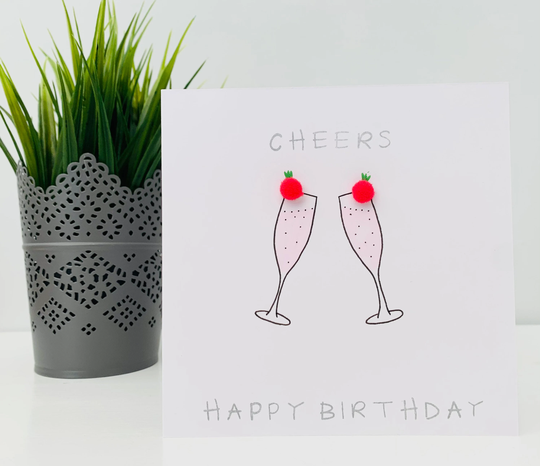 Pompom Birthday Card - Gin Champagne Cheers Female For Her Friend Sister Mum Personalised