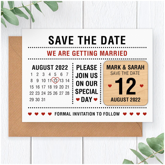 Modern Black & White Wedding Save The Date Magnet - Personalised Typography Calendar Wooden