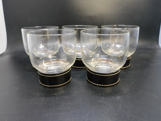 Set Of 5 Vintage Whisky , Brandy, Gin Glasses Blacl Leather Detail To Base