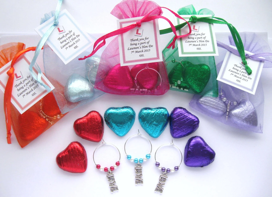 Personalised Favours - 2 Chocolate Hearts & Wine Glass Charm Wedding/Hen Party/Birthday