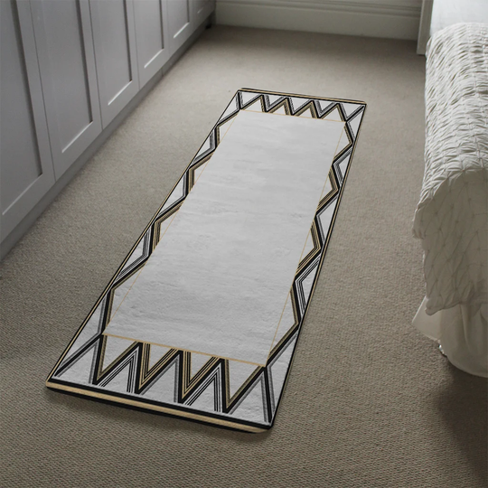 Kunz Art Deco Patterned Border Designer Shaggy White/Black Rug