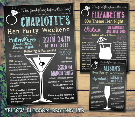10 Hen Night Weekend Itinerary Party Invitations Bespoke Personalised Cocktail Glass Martini Champagne Pink Blue Black White Yellow Green