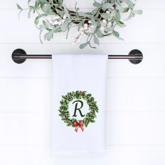 Winter Wreath Hand Towel, Holiday Bathroom Personalized Elegant Hostess Gift, Luxury Bath Towel
