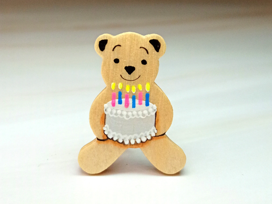 Birthday Badge Pin, Handmade Cake Teddy Bear Brooch, Cute Gift, Personalised Little Painted Fridge Magnet