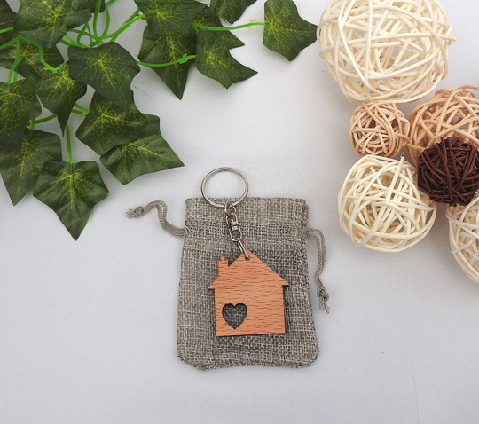 Home Keychain, House Wood Keyring, Key Fob, Warming Gift, Moving Abroad