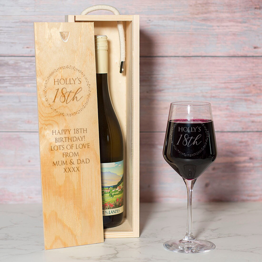Personalised Birthday Sparkly Circle Wine Bottle Gift Box & Glass