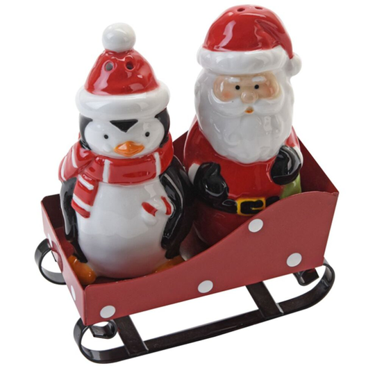 Santa's Sleigh Ceramic Salt and Pepper Set ~ Father Christmas and Penguin