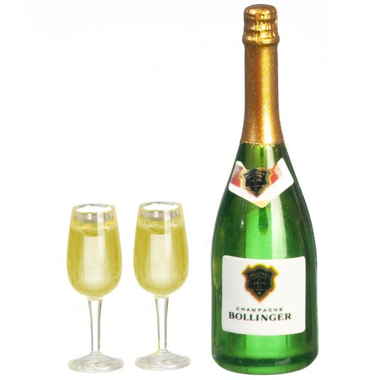 Dollhouse Miniature Green Champagne Bottle With 2 Filled Glasses By Miniatures World